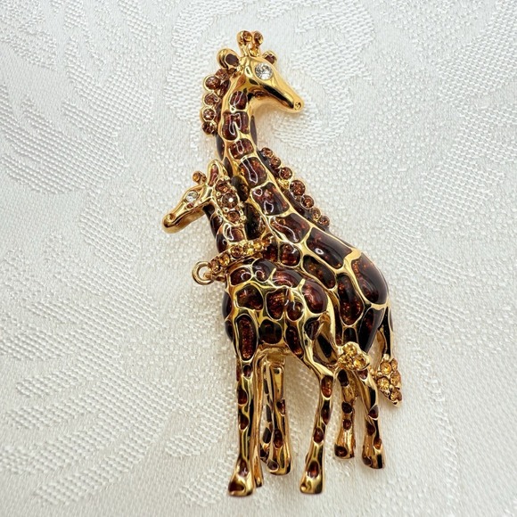 St. John Jewelry - St. John Gold Tone Metal Enamel & Jeweled Mother & Baby Giraffe Pin / Brooch